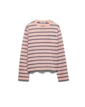 Prada Langärmliges Gestreiftes T-Shirt Aus Baumwoll-Jersey, Damen, Größe - Weiß