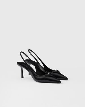 Prada Brand-plaque Slingback Heeled Brushed-leather Pumps - Black