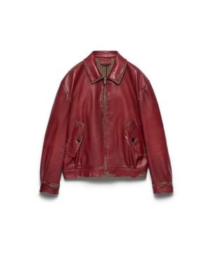 Prada Bonded Nappa Leather And Houndstooth Check Fabric Jacket, Ruby - Red