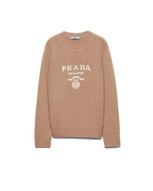 Prada Crew-neck Logo Intarsia Knit Jumper - Natural