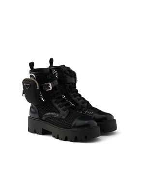 Prada Mesh Fabric And Brushed Leather Booties With Pouch - Black