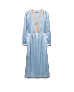 Prada Long-Sleeved Satin Crepe And Lace Dress - Blue