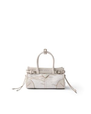 Prada Borsa A Mano Bonnie Small Lino Stampato E Pelle, Donna - Bianco