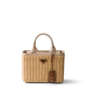 Prada Medium Wicker And Canvas Tote Bag - Metallic
