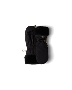 Prada Re-Nylon And Shearling Mittens, Size 7 - Black