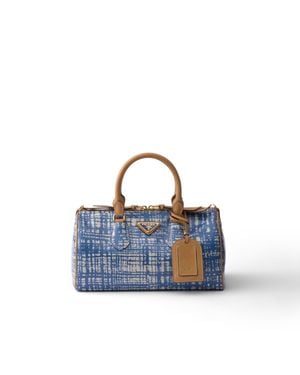 Prada Kleine Henkeltasche Aus Leinenmischgewebe Und Leder, Damen - Blau