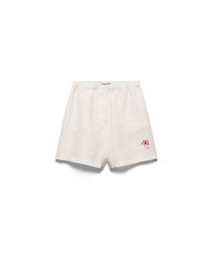 Prada Embroidered Slubbed Linen Shorts - White