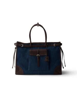 Prada Bonnie Denim And Leather Tote Bag, /Coffee - Blue