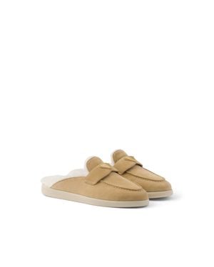 Prada Pantoufles En Veau Velours Et Peau De Mouton, Femme, Taille - Métallisé