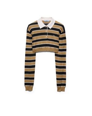 Prada Cropped Striped Silk Polo Shirt - Black