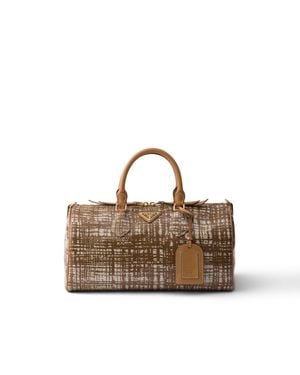 Prada Medium Linen Blend And Leather Top-Handle Bag, Brandy - Brown