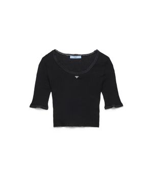 Prada Cropped Ribbed Cotton T-Shirt - Black