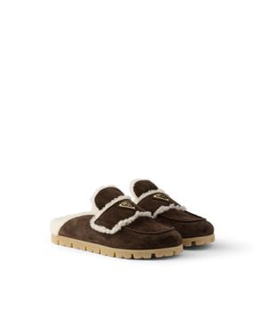 Prada Suede And Shearling Mules, Dark - Brown