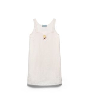 Prada Embroidered Slubbed Fabric Mini-Dress - White
