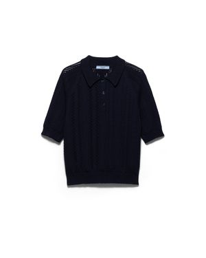 Prada Short-Sleeved Openwork Cotton Polo Shirt - Blue