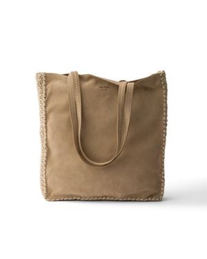 Prada Large Suede And Crochet Tote Bag, Desert - Natural