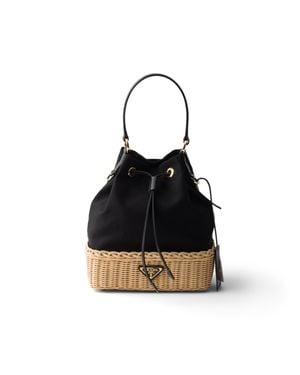 Prada Wicker And Canvas Bucket Bag - Black