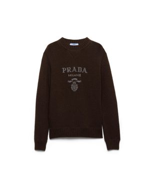 Prada Cashmere And Wool Logo Crew-Neck Jumper - Brown