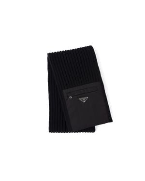Prada Wool Scarf With Re-Nylon Gabardine Pocket - Black