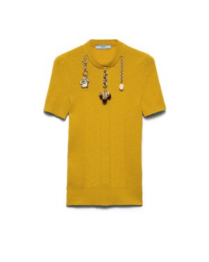 Prada Short-Sleeved Wool Knit Sweater With Pendants - Yellow