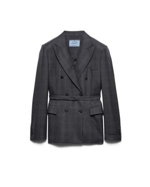 Prada Double-Breasted Checked Wool Jacket - Blue
