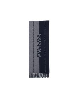 Prada Small Wool Scarf With Jacquard Logo - Blue