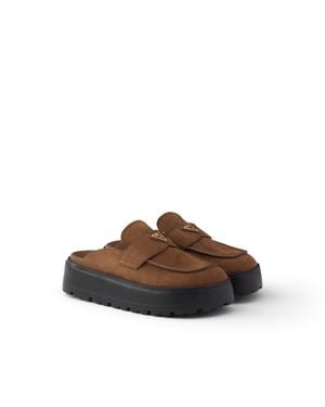 Prada Nubuck Flatform Mules - Brown