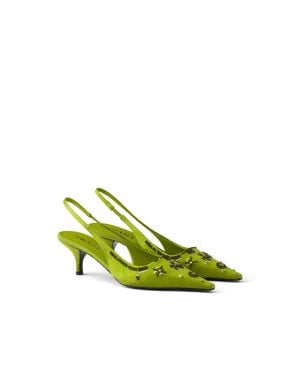 Prada Embroidered Satin Slingback Court Shoes - Green