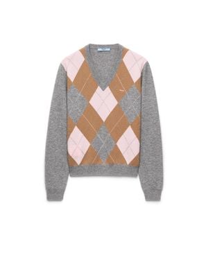 Prada Argyle Cashmere V-Neck Jumper, /Camel - White