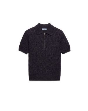 Prada Short-Sleeved Wool And Mouliné Cashmere Polo Jumper, Dark/Slate - Blue