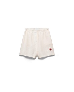 Prada Embroidered Slubbed Linen Shorts - White
