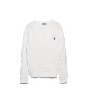 Prada Cable-Knit V-Neck Cotton Sweater - White