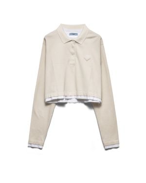 Prada Long-Sleeved Piqué And Jersey Polo Shirt, Chalk - White