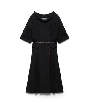 Prada Short-Sleeve Chevron Wool Dress With Belt - Black