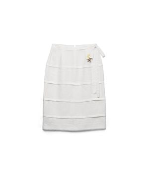Prada Embroidered Slubbed Linen Skirt - White