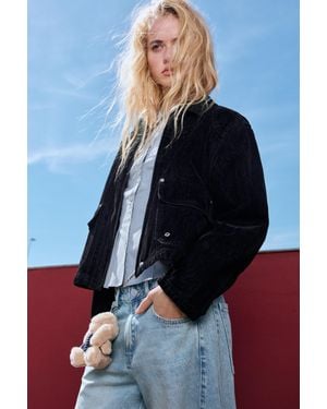 Pull&Bear Veste En Cuir De Vachette Effet Velours Et Fourrure - Bleu