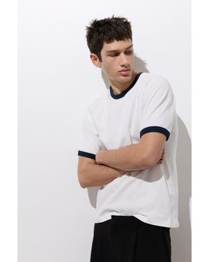 Pull&Bear T-Shirt Bord-Côte Contrastant - Blanc