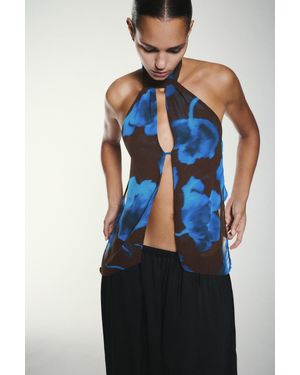 Pull&Bear Haltertop Met Bloemenprint - Blauw
