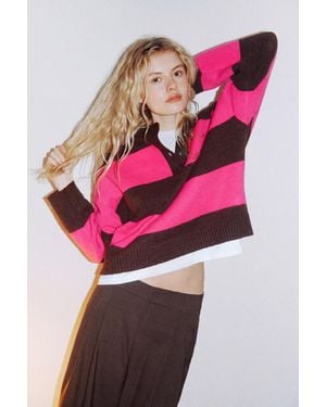 Pull&Bear Gestreepte Trui Met Henley-Hals - Rood