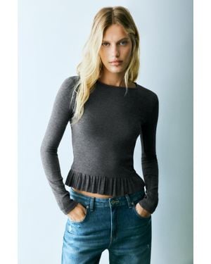 Pull&Bear T-Shirt Manches Longues À Volant - Bleu