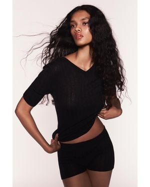 Pull&Bear Top A Costine Con Scollo A V - Nero