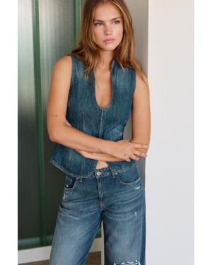 Pull&Bear Top Denim Encolure Américaine Et Coutures - Bleu