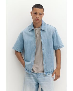 Pull&Bear Camicia Denim Maniche Corte Zip - Blu