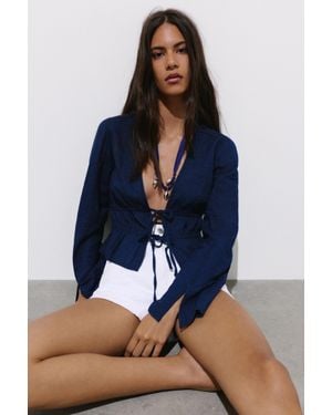 Pull&Bear Denim Blouse Met Strikken - Blauw