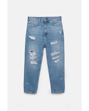 Pull&Bear Relax Fit Jeans Met Scheuren - Blauw