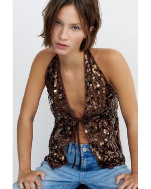 Pull&Bear Top Encolure Américaine À Paillettes - Marron