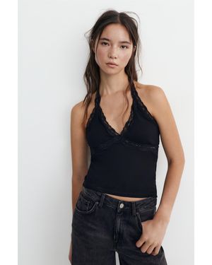Pull&Bear Top Encolure Américaine Dentelle - Noir