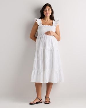 Quince Poplin Maternity Smocked Midi Dress, Organic Cotton - White