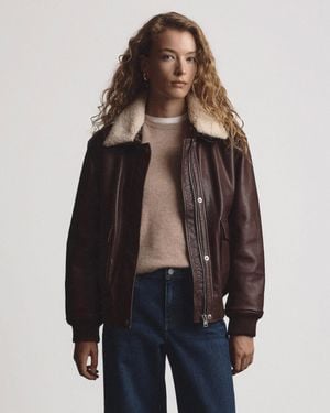 Quince Shearling Trim Aviator Jacket, Leather - Blue