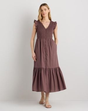 Quince Organic Textured Cotton Smocked V-Neck Midi Dress, Organic Cotton - Brown